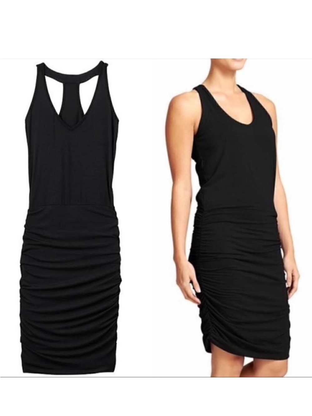 Athleta Black Ruched Racerback Midi Dress